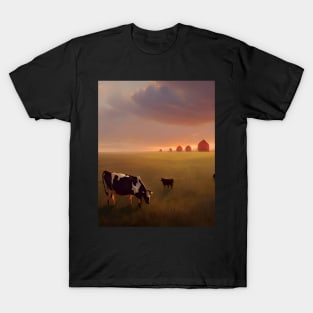 Mother and Baby Cow on Farmstead at Sunset T-Shirt